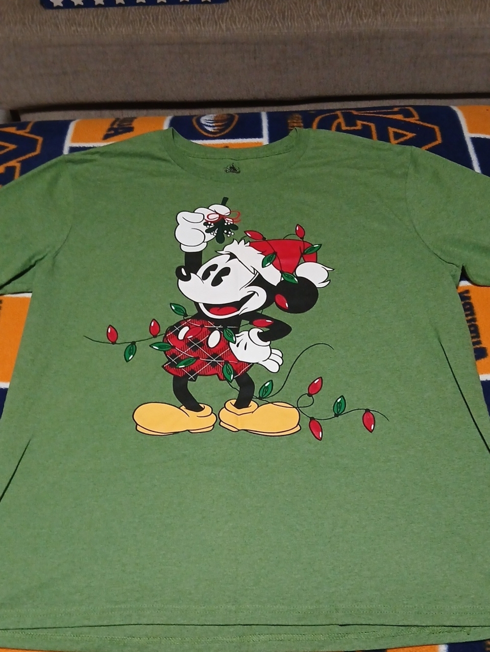 Disney Green Mickey Mouse Plaid Holiday Lights Short Sleeve Tee